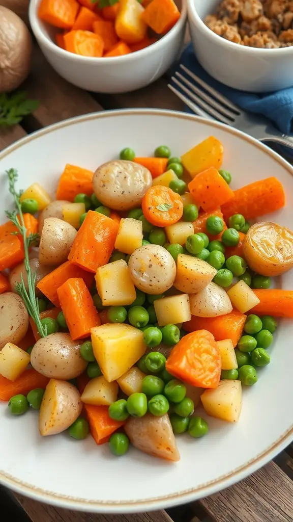 A colorful plate of canned potato vegetable medley featuring potatoes, carrots, peas, and herbs.