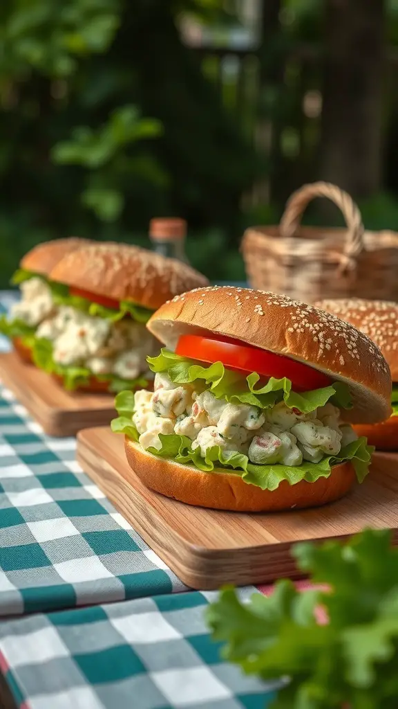 Two zesty chicken salad sandwiches with lettuce and tomato on a wooden board.