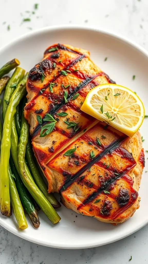 Grilled chicken breast with lemon and green beans on a plate