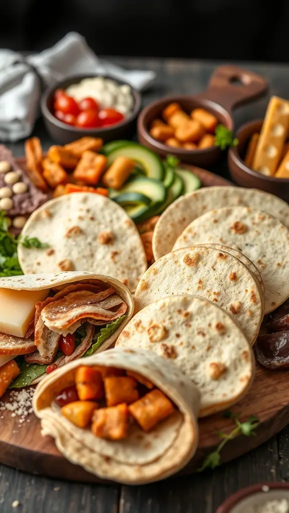 A selection of flavored tortillas and wraps filled with various ingredients, surrounded by fresh vegetables and snacks.