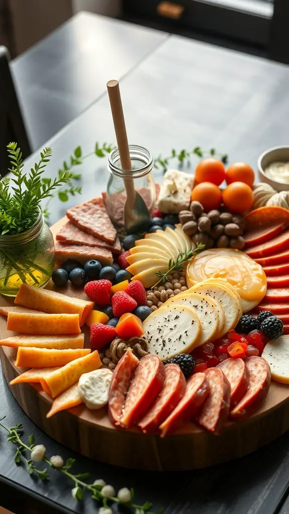 A beautifully arranged brunch charcuterie board featuring various meats, cheeses, fruits, and garnishes.