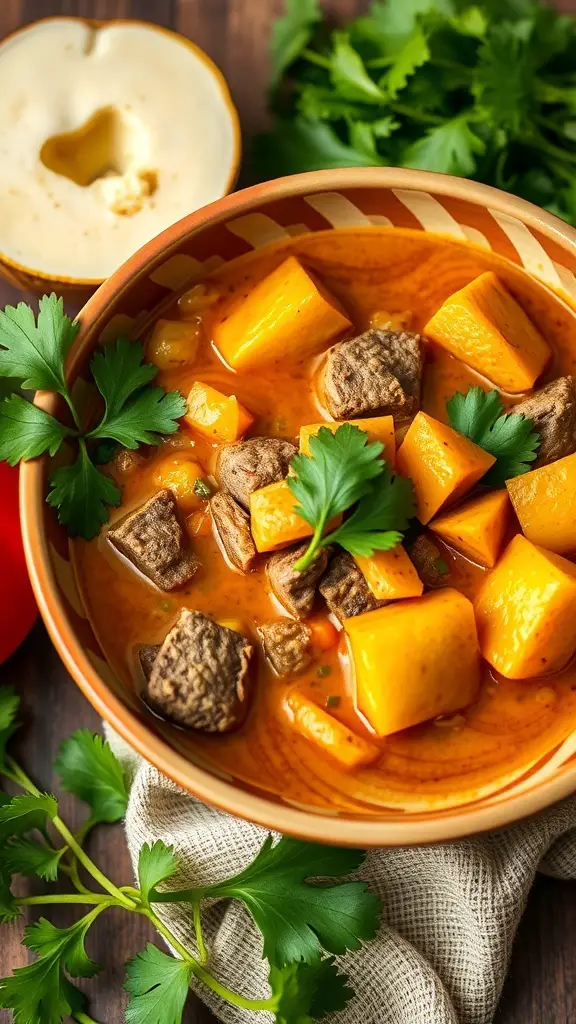 A bowl of Coconut Curry Beef Stew with chunks of beef and sweet potatoes, garnished with fresh cilantro.