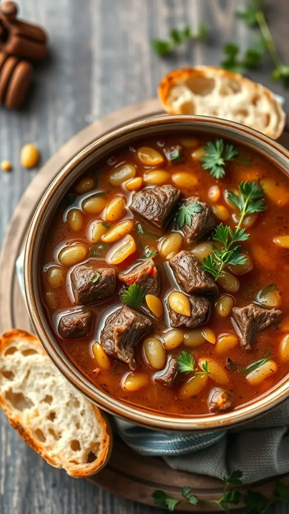 A bowl of beef and barley soup with chunks of beef, barley, and vegetables, served with bread.