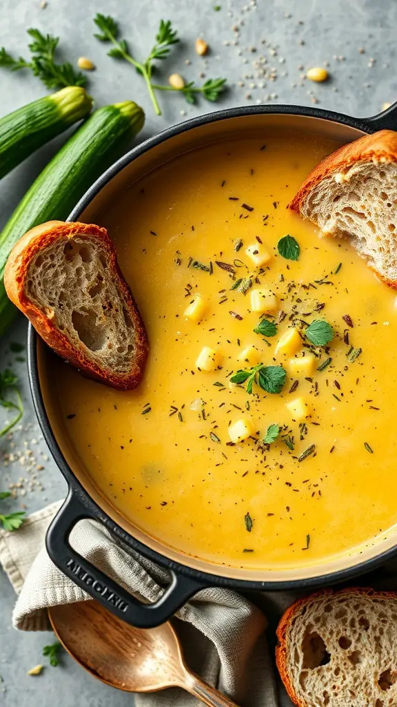 A bowl of creamy zucchini and corn soup with slices of bread on the side.