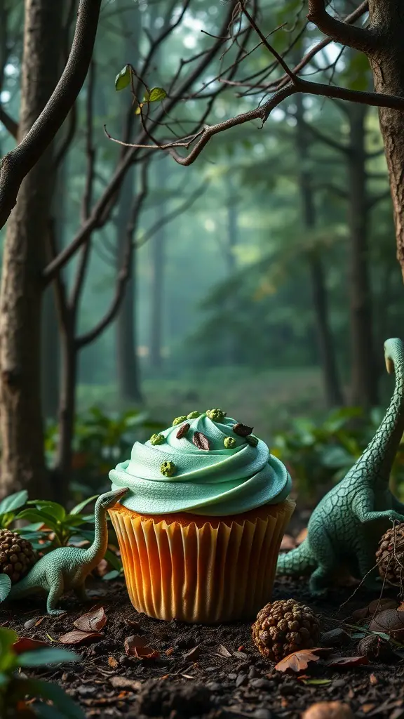 A cupcake with mint frosting and green candies surrounded by dinosaur toys in a forest setting.