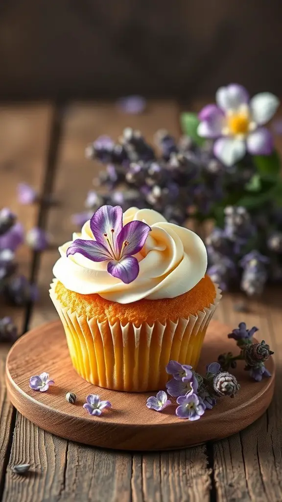 Lavender honey cupcake with floral decoration on a wooden plate