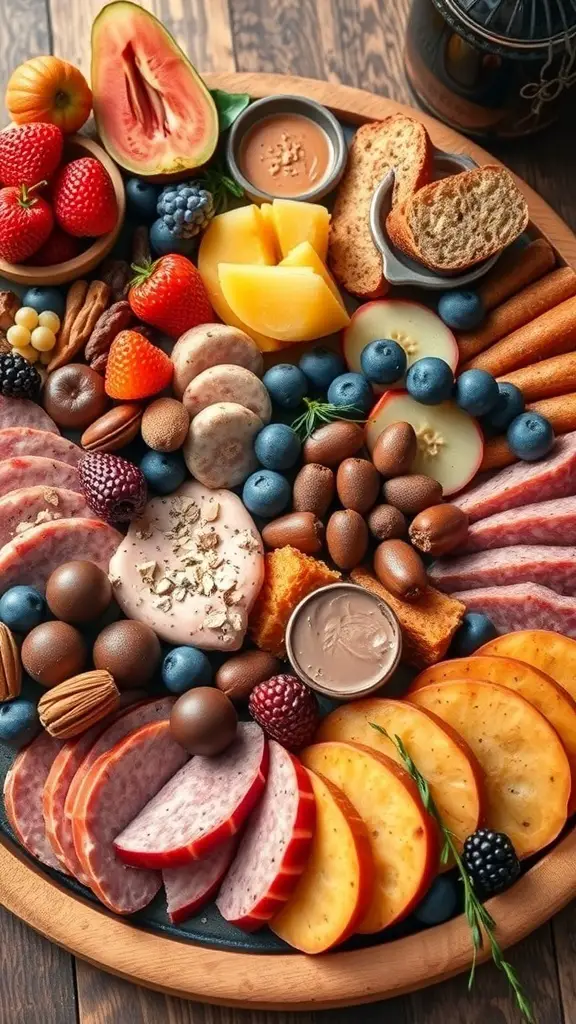 A vibrant charcuterie board featuring a mix of fruits, cheeses, meats, and sweet treats.
