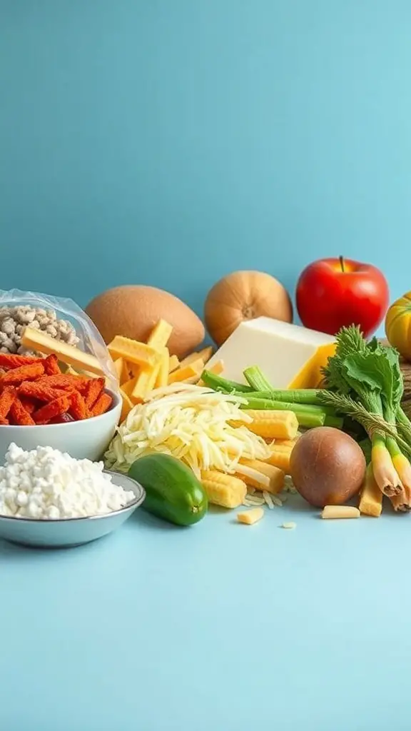 An assortment of fresh ingredients including vegetables, fruits, and dairy products, representing a healthy diet.