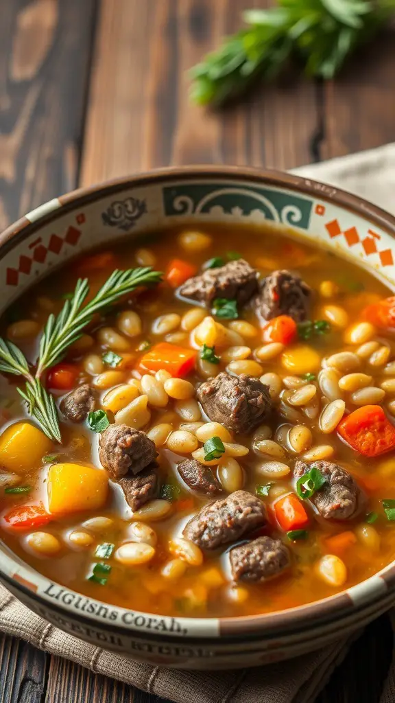 A bowl of beef and barley soup with vegetables and herbs