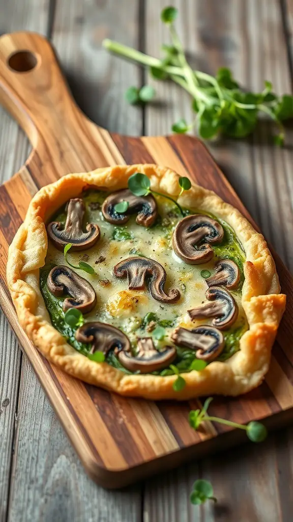 Savory mushroom and spinach tart on a wooden cutting board