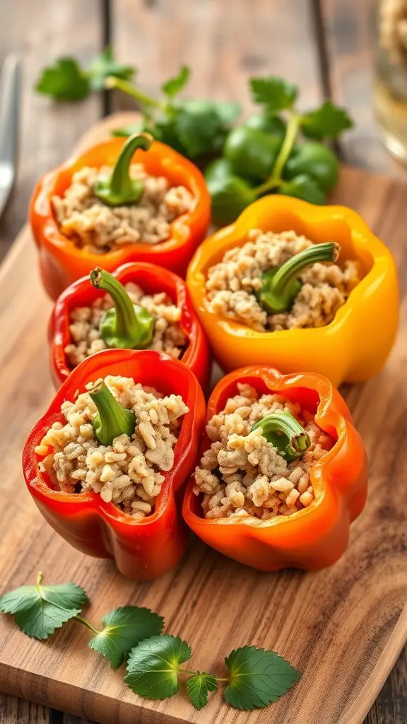 Colorful stuffed bell peppers filled with turkey and brown rice on a wooden board.