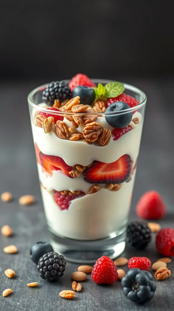 A glass of Greek yogurt parfait layered with berries and nuts, garnished with a mint leaf.