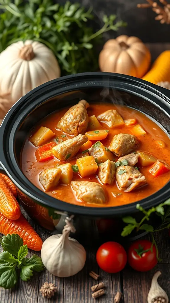 A slow cooker filled with chicken stew, featuring chicken pieces, carrots, potatoes, and a rich broth, surrounded by fresh vegetables.