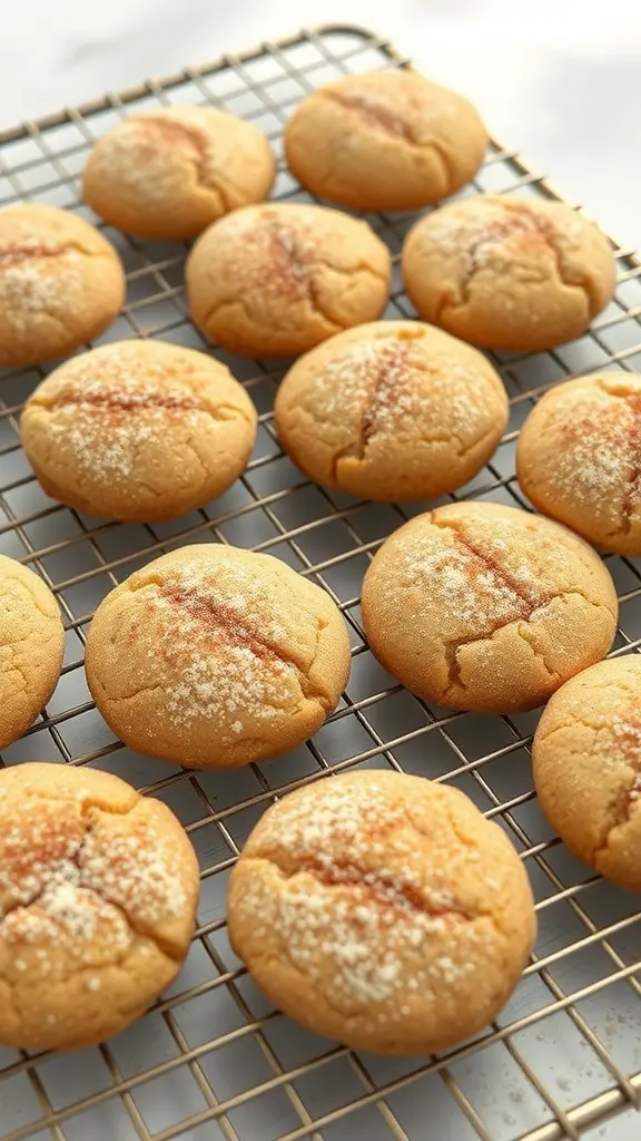Freshly baked snickerdoodles on a cooling rack, sprinkled with cinnamon sugar.
