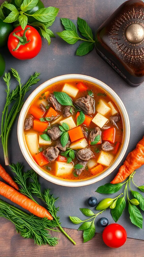 A bowl of beef and vegetable soup surrounded by fresh vegetables.