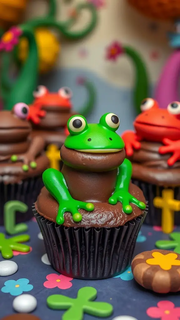 Chocolate Frog Cupcakes with fondant frogs on top
