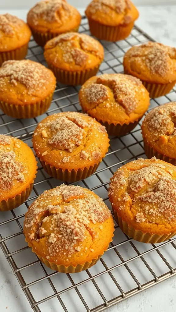 Freshly baked sweet potato muffins with cinnamon sugar topping on a cooling rack.