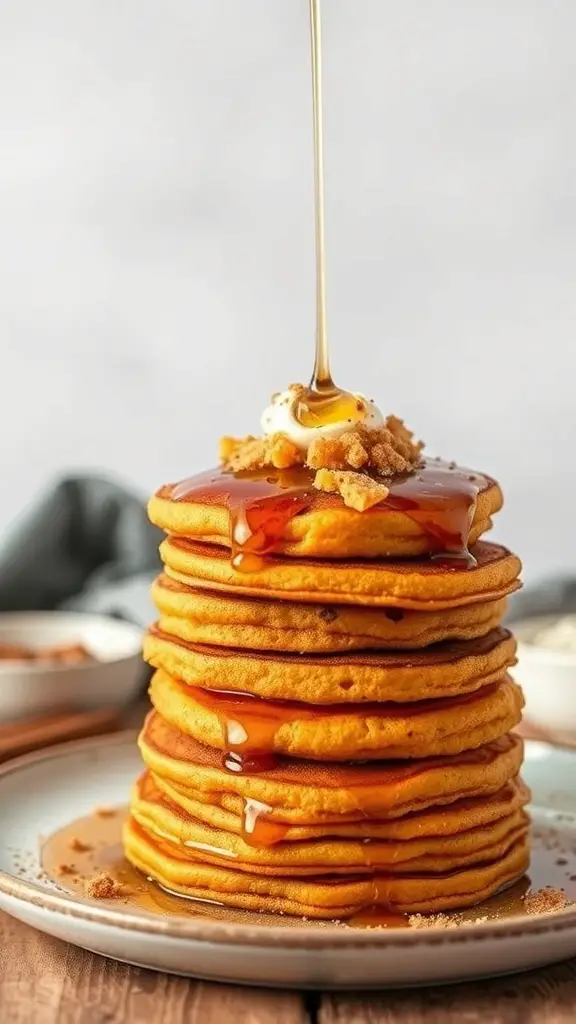 A stack of sweet potato pancakes topped with syrup and cream.