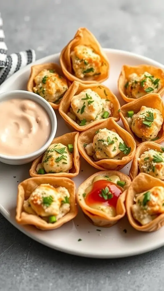 A plate of pesto chicken phyllo bites with a bowl of dipping sauce.
