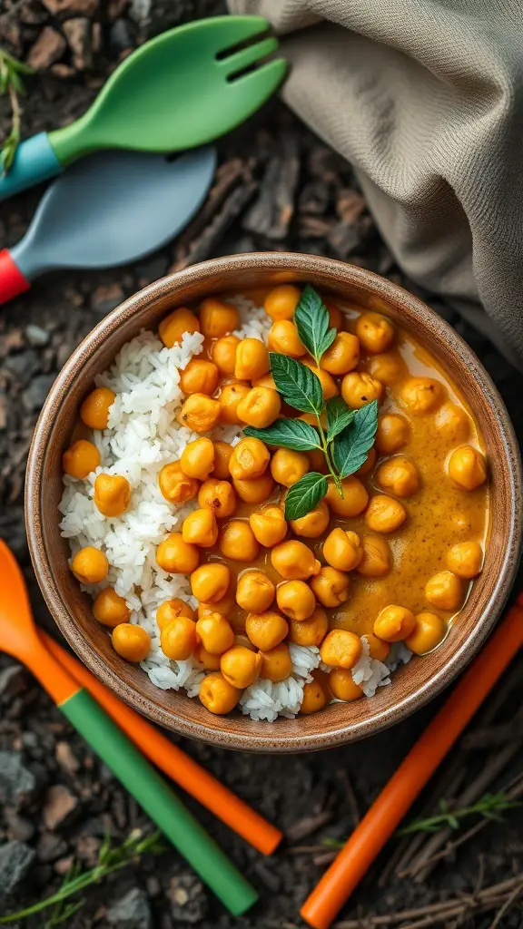 A bowl of Coconut Curry Chickpeas served with rice, surrounded by colorful camping utensils.