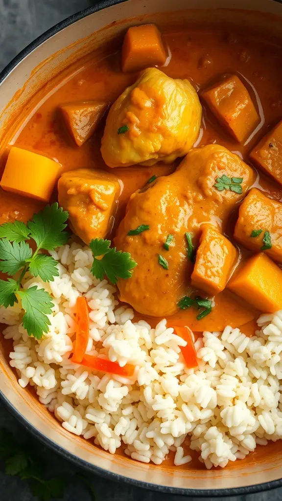 A bowl of Coconut Curry Chicken with Rice, featuring chicken pieces, sweet potatoes, and a creamy coconut sauce served over fluffy rice.
