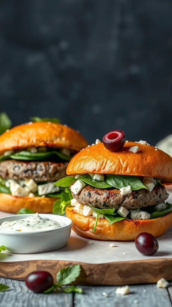 Two Greek Feta and Spinach Beef Burgers with a side of yogurt sauce