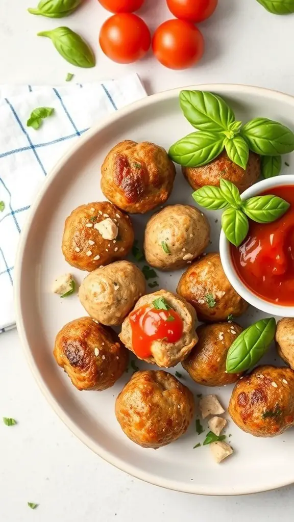 A plate of mini turkey meatballs with dipping sauce and fresh basil leaves.