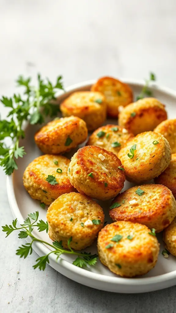 A plate of golden herbed potato croquettes garnished with fresh herbs.