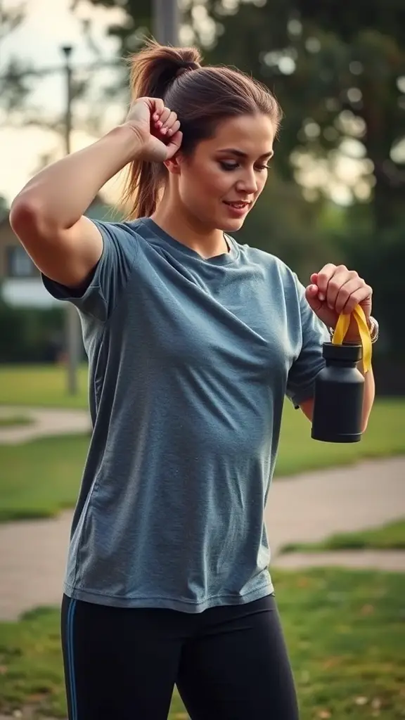 A woman preparing for exercise, holding a water bottle, emphasizing the connection between exercise and the DASH diet.