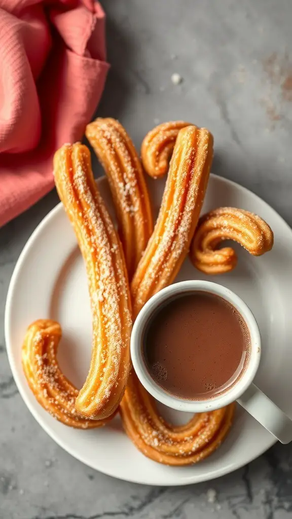 A plate of cinnamon-sugar churros with a cup of hot chocolate
