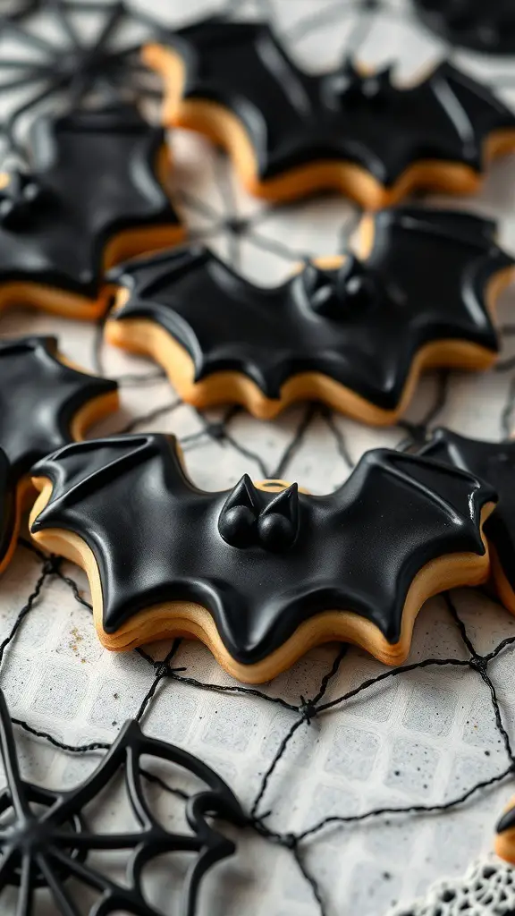 A collection of bat-shaped cookies decorated with black icing, arranged on a spider web patterned background.