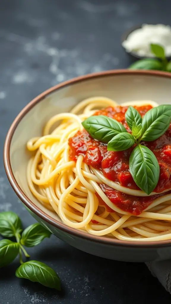 A bowl of zucchini noodles topped with marinara sauce and fresh basil leaves.