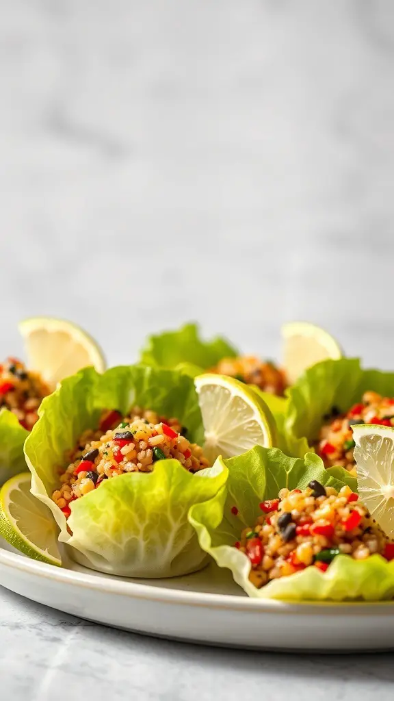 Colorful quinoa salad cups in lettuce leaves with lemon slices
