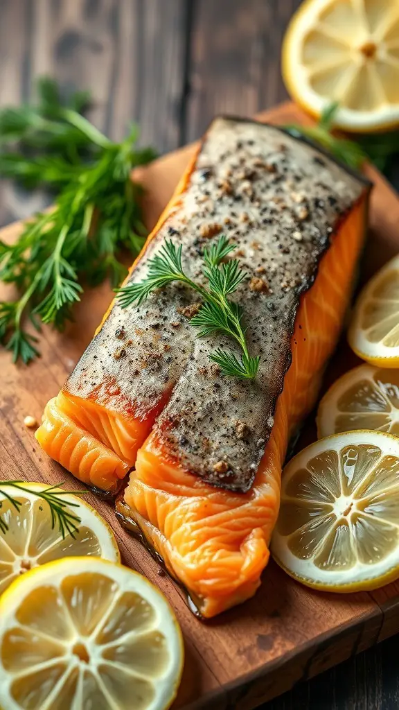 A piece of smoked salmon garnished with dill and lemon slices on a wooden board.
