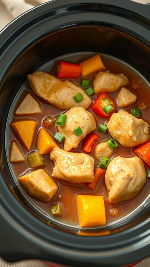 A close-up of honey garlic chicken stew in a crockpot, featuring chicken pieces, colorful vegetables, and a rich broth.