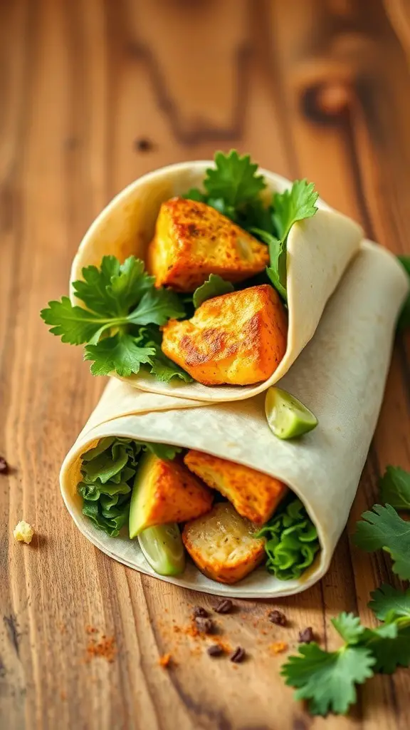 A delicious turmeric chicken wrap with lettuce, avocado, and cilantro, served on a wooden table.