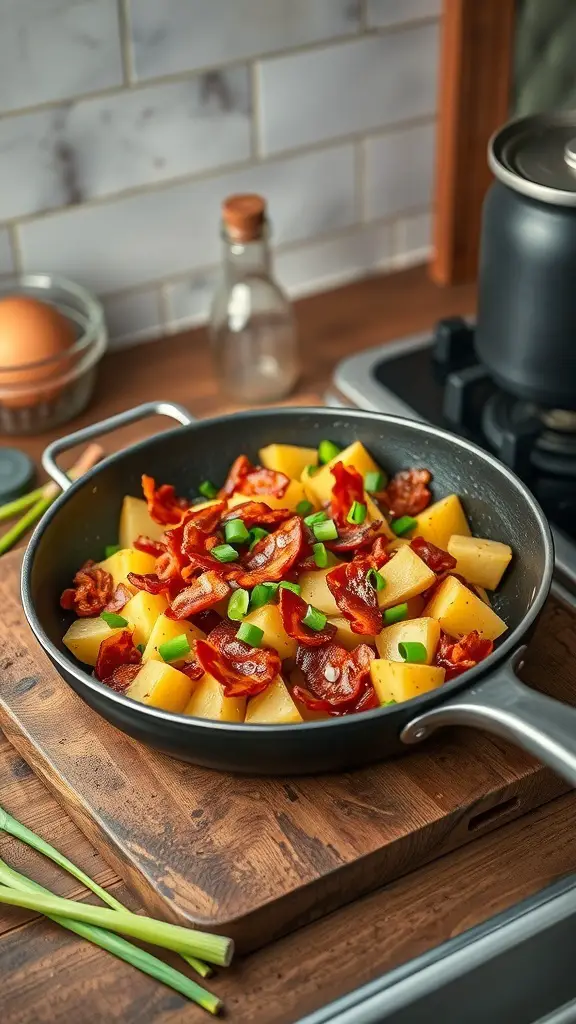 A skillet with canned potatoes and crispy bacon, garnished with green onions.