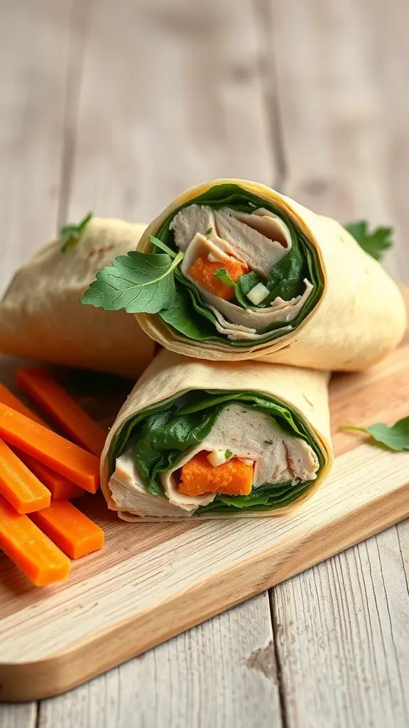 A turkey and spinach wrap with carrot sticks on a wooden board.
