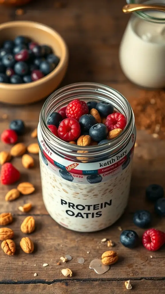 A jar of protein-packed overnight oats topped with berries and nuts, placed on a wooden surface.