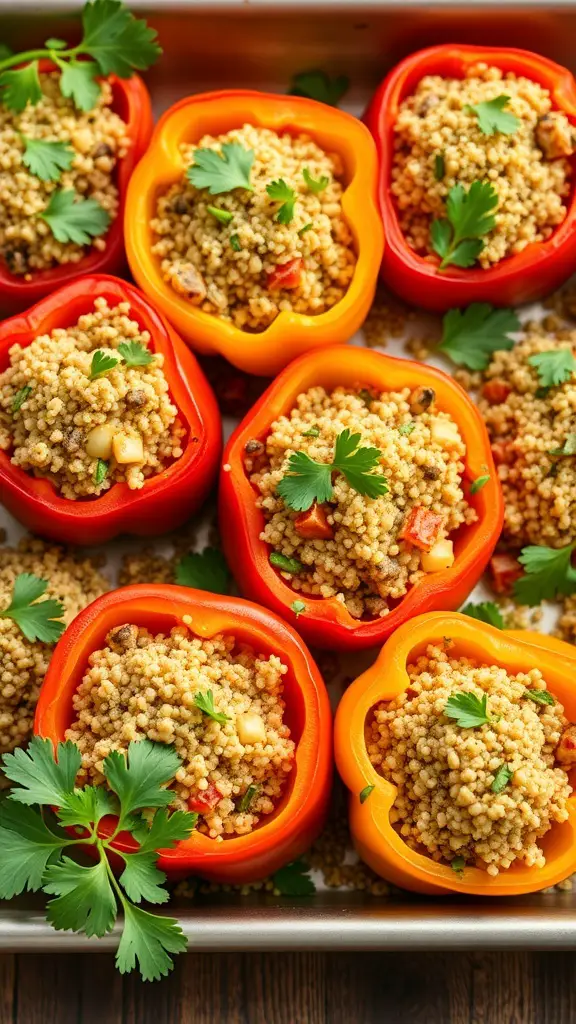 Colorful stuffed bell peppers filled with quinoa and garnished with fresh herbs.