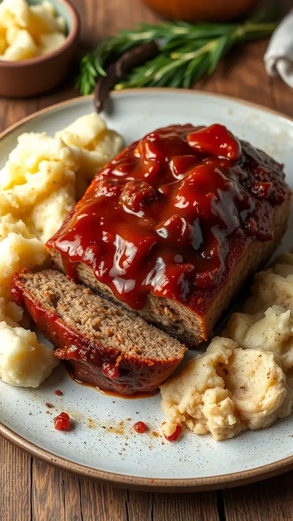 A plate of spicy smoked meatloaf with glaze, served with creamy mashed potatoes.