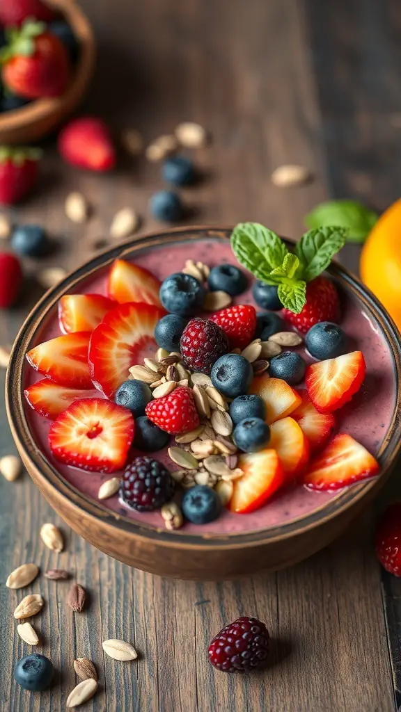A berry smoothie bowl topped with fresh strawberries, blueberries, blackberries, and seeds.