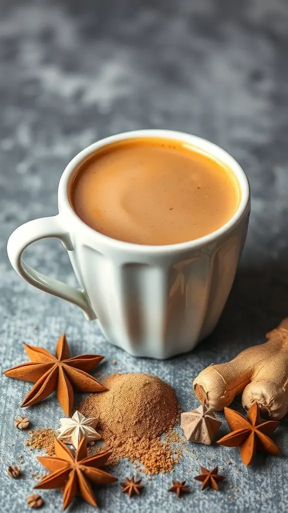 A cozy cup of pumpkin chai latte surrounded by spices like star anise and ginger.