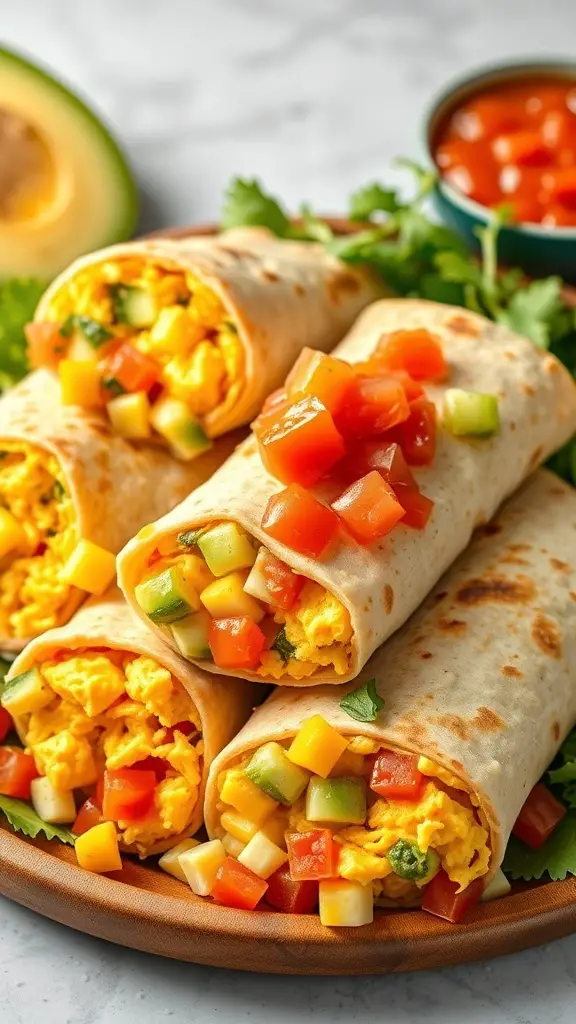 A plate of savory breakfast burritos filled with scrambled eggs and fresh vegetables, served with salsa.