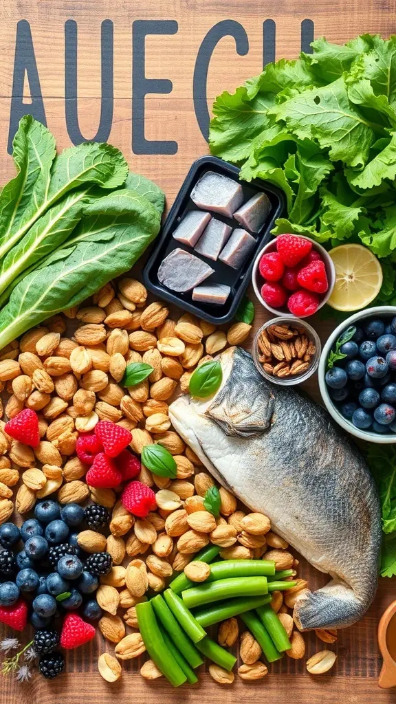 An assortment of DASH diet foods including leafy greens, fish, nuts, and berries.
