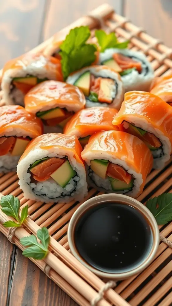 A plate of salmon and avocado sushi rolls with a side of soy sauce.
