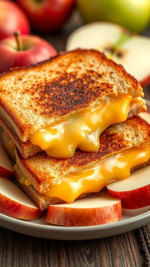 A delicious apple and cheddar grilled cheese sandwich with melted cheese and apple slices.