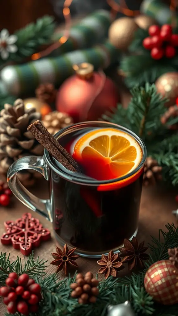 A cozy mug of mulled wine garnished with orange and cinnamon, surrounded by festive decorations.