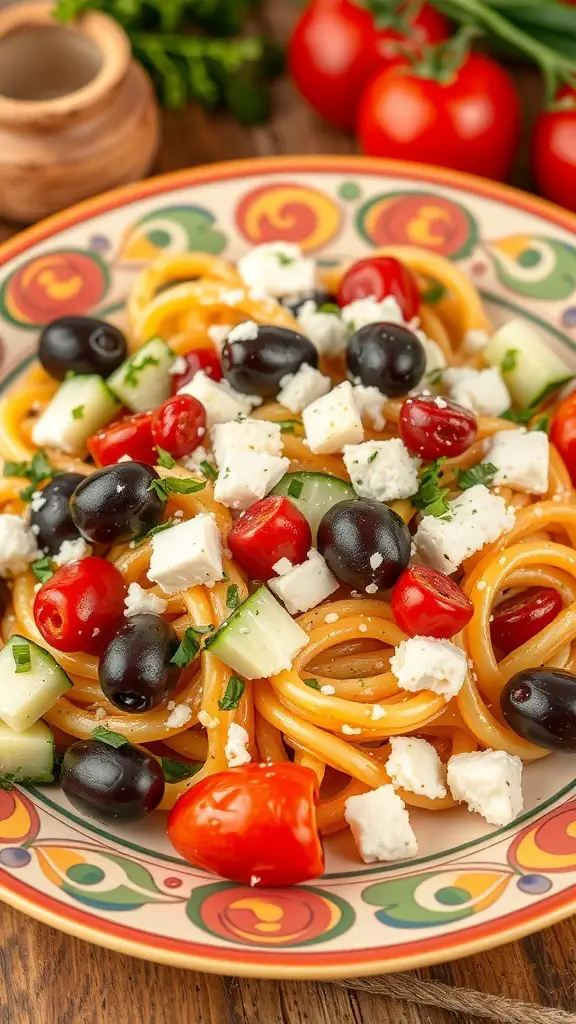 A bowl of Greek pasta salad with Kalamata olives, cherry tomatoes, cucumbers, and feta cheese.