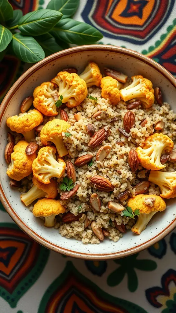 A colorful bowl of roasted cauliflower and quinoa topped with nuts and herbs.